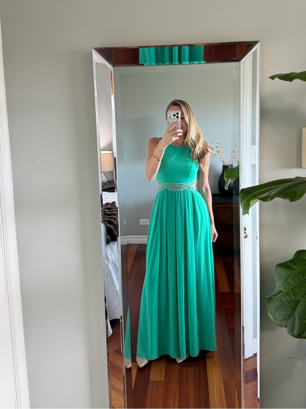TFNC London Green Long Dress with Beading and Side Cutouts Size Small or 4